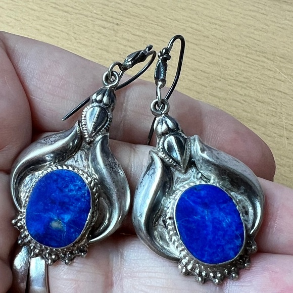 VINTAGE LARGE LAPIS DANGLE DROP EARRINGS 925 STERLING SLVER STATEMENT NUMBERED
